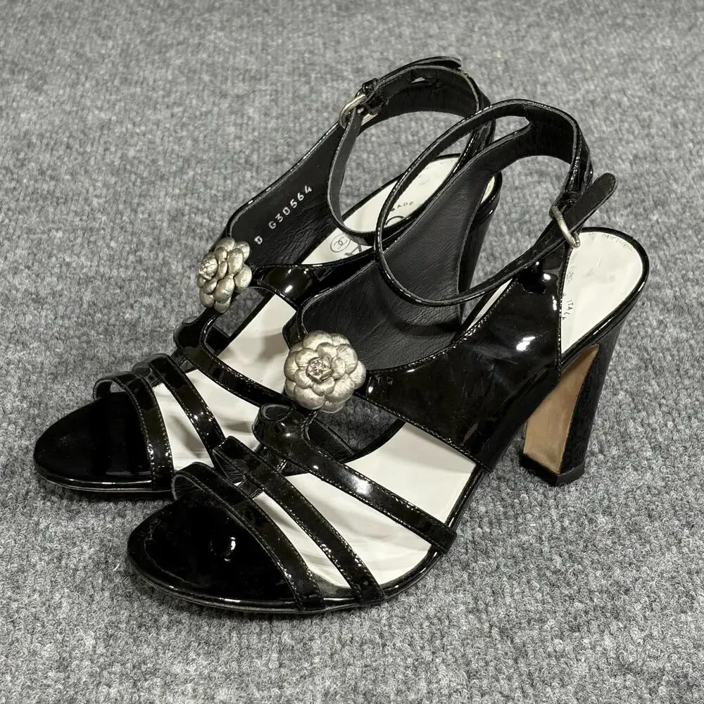 Chanel Sandals Womens 6 36 Black Patent Camellia Flower Logo Italy Heel Strappy